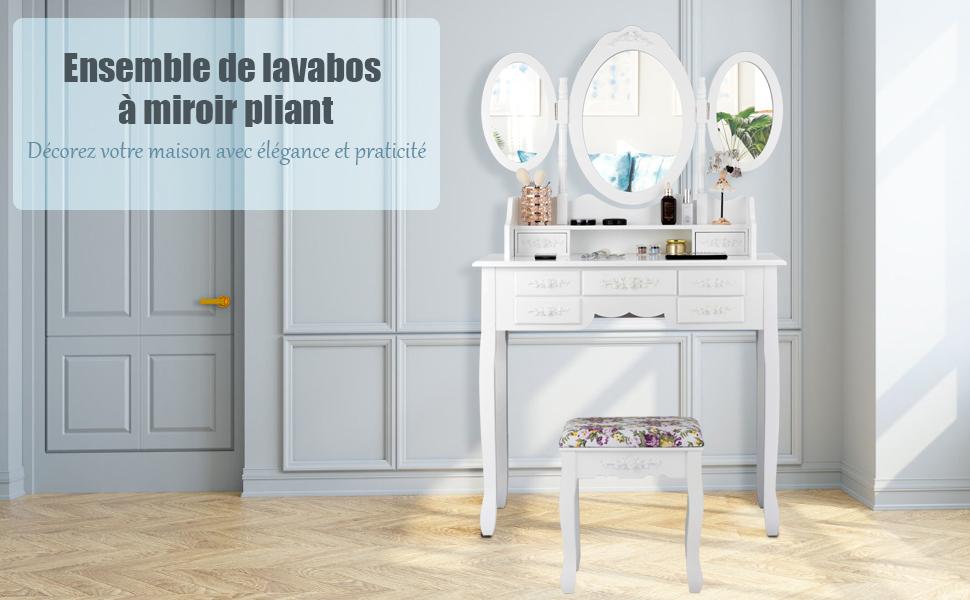 Coiffeuse avec Miroirs Pliable Table de Maquillage avec Tabouret Capitonne 7 Ttiroirs et 1 Etagère Ouverte Style Classique Blanc