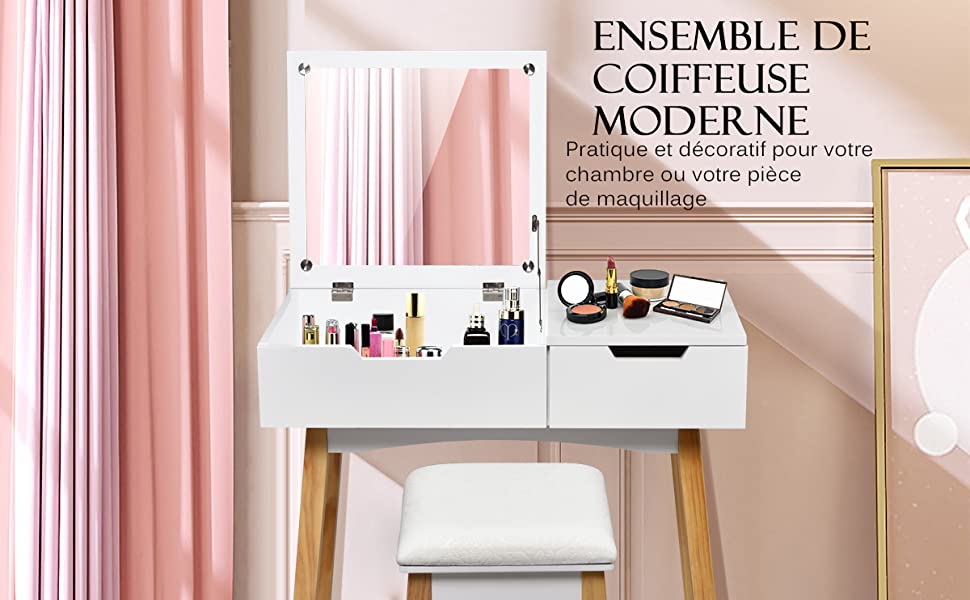 Coiffeuse Table de Maquillage avec Miroir Carre Rabattable et Tabouret Capitonne