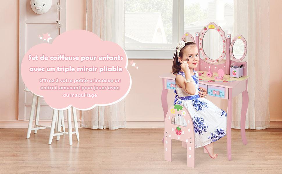 Coiffeuse 2 en 1 Bureau pour Enfants avec Miroir Amovible 3 Tiroirs 2 Boites de Style Princesse pour Filles Rose