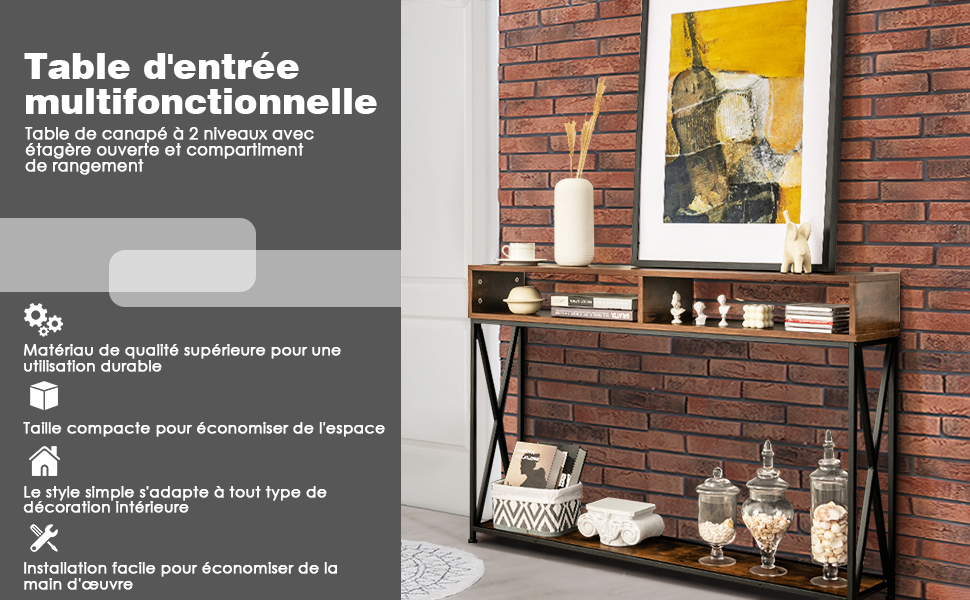 Table Console de Style Industriel 120 x 23 x 79 CM Structure en Acier Meuble dEntree Anti-Basculement Marron