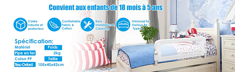 Giantex barrière de lit pliable et portable pour enfant/bébé 150x42cm en  tissu oxford avec mousse souple, trous pré-percés blanc - Conforama