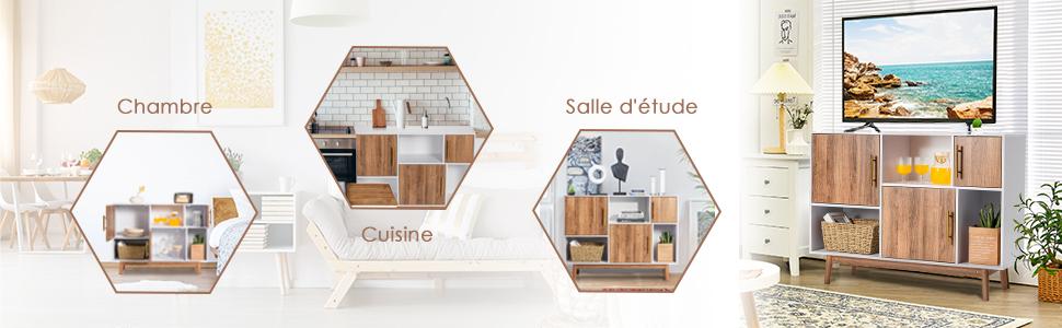 FirFurd Buffet Cuisine Meuble Cuisine Rangement avec 3 Portes Vitrées 3 Tiroirs Bufffet pour Salle à Manger Salon Étagère Réglable 120x39.8x89.7cm Blanc
