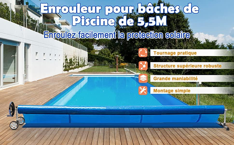 Enrouleur de Bache pour Piscine en Aluminium et Acier Inoxydable Solide pour la Couverture Solaire