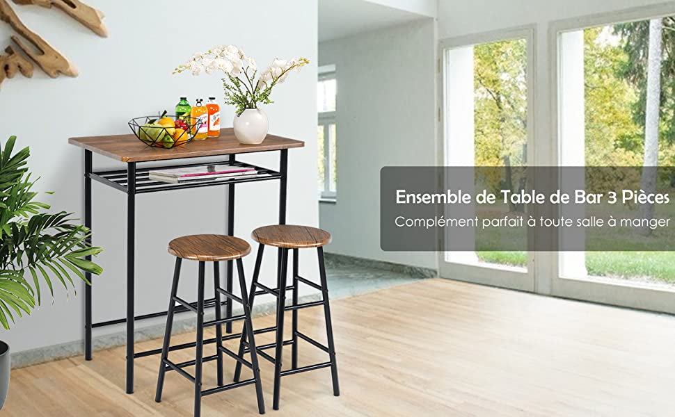 Ensemble Table et Chaises Table Haute de Style Industriel 2 Tabourets avec Repose-pieds pour Bistro et Cuisine Café