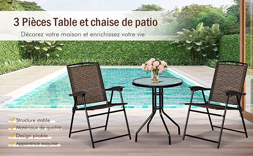 Ensemble Bistro 3 Pcs avec Table et 2 Chaises Pliantes Salon de Jardin Exterieur 2 Personnes