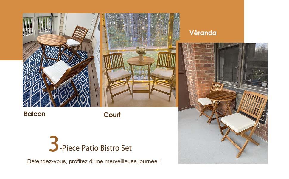 Ensemble de Table et Chaises Pliable avec 2 Chaises et 1 Table Ronde en Bois dAcacia pour IntErieur et ExtErieur Naturel