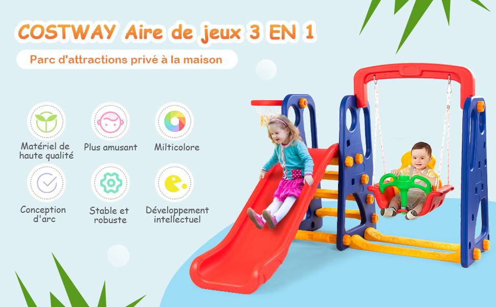  Toboggan Enfants Aire de Jeux 3 en 1 avec Balancoire Portique Panier de Basketball Escalade