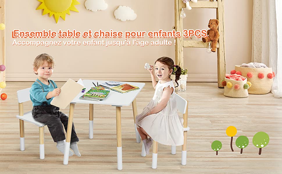  Ensemble de Table et 2 Chaises pour Enfants de Style Scandinave en Bois Table pour Chambre dEnfant Garderie Blanche