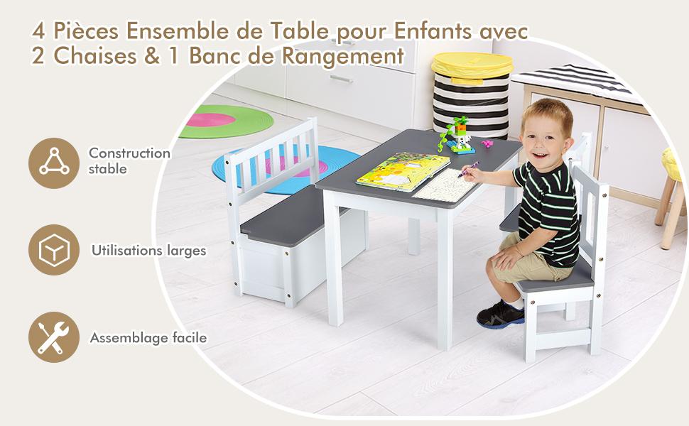 Ensemble de Table et Chaises pour Enfant avec Table 2 Chaises et Banc de Rangement 2 en 1 pour Etudier et Manger Naturel