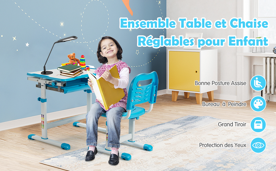 Bureau Enfant a Hauteur Reglable Inclinable 0-45° Ensemble Table et Chaise avec Plateau 1 Tiroir et Crochet en Metal Bleu