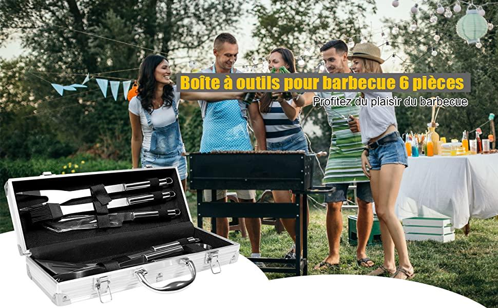 Set de 6 Ustensiles Barbecue en Acier Inox Mallette de Rangement en Aluminium