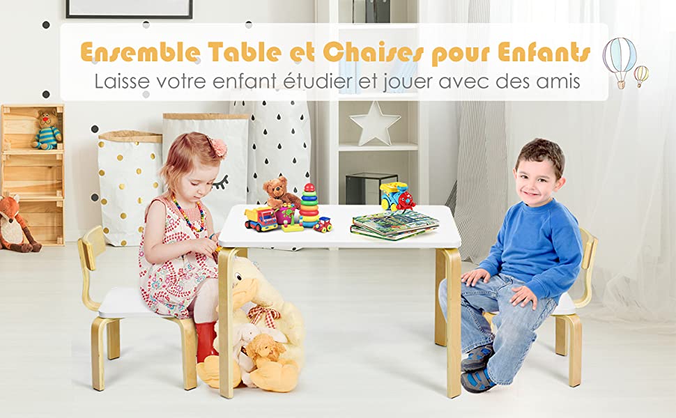 Ensemble Table et Chaise pour Enfant Inclus 1 Table et 2 Chaises Bonne  Protection en Bois Courbé Rose - Costway
