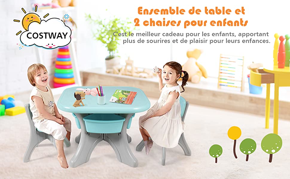 Ensemble Table et Chaises pour Enfant Inclus 1 Table et 2 Chaises Materiau Ecologique Forte Capacite de Charge