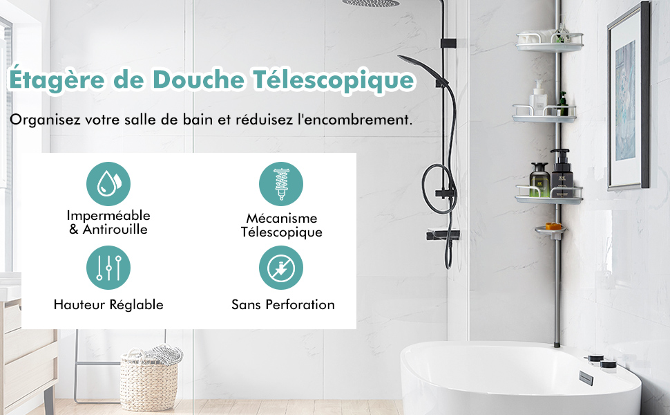 Étagère télescopique de salle de bain, support de douche réglable