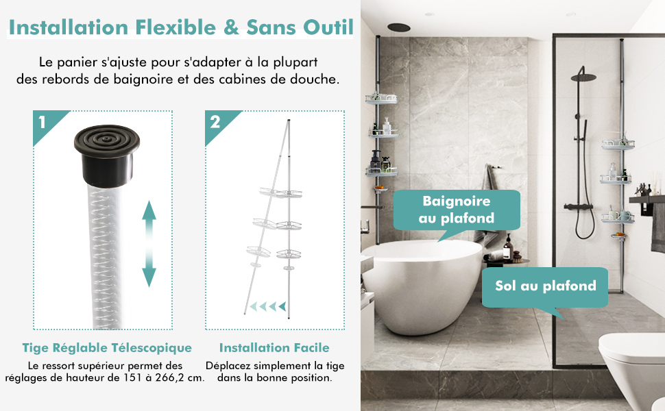 Panier de douche à tension réglable, baignoire et poteau de douche Étagère  d'angle de salle de bain avec 4 paniers 