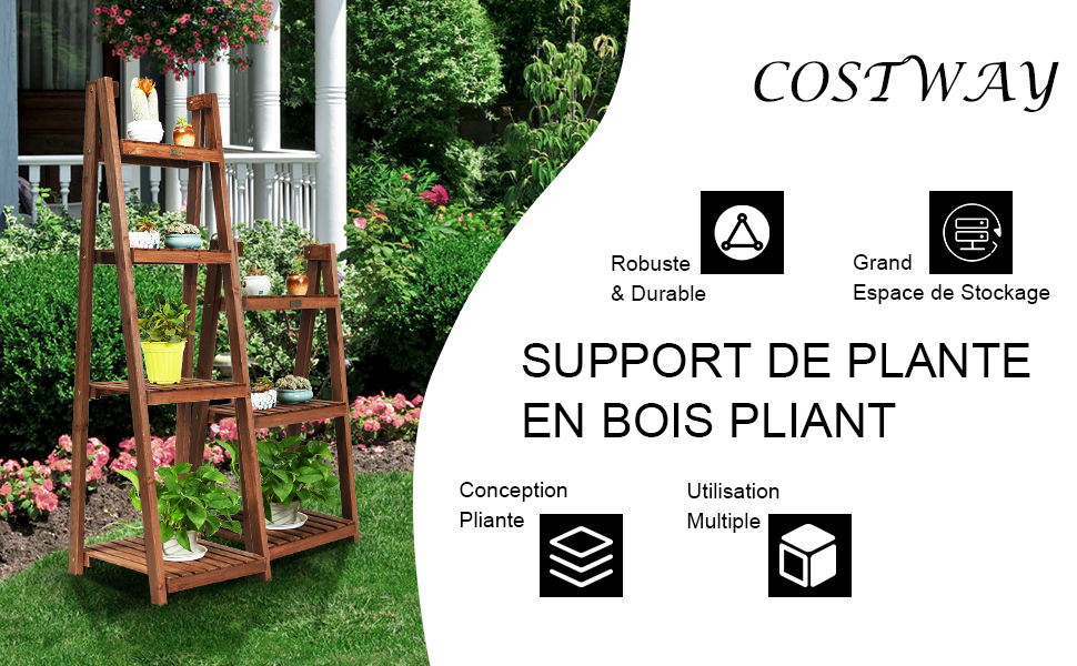 Etagere Pliable pour Plantes en Bois a 4 Niveaux 45 x 47 x 150 cm Style Rustique pour Jardin Terrasse Marron Foncé