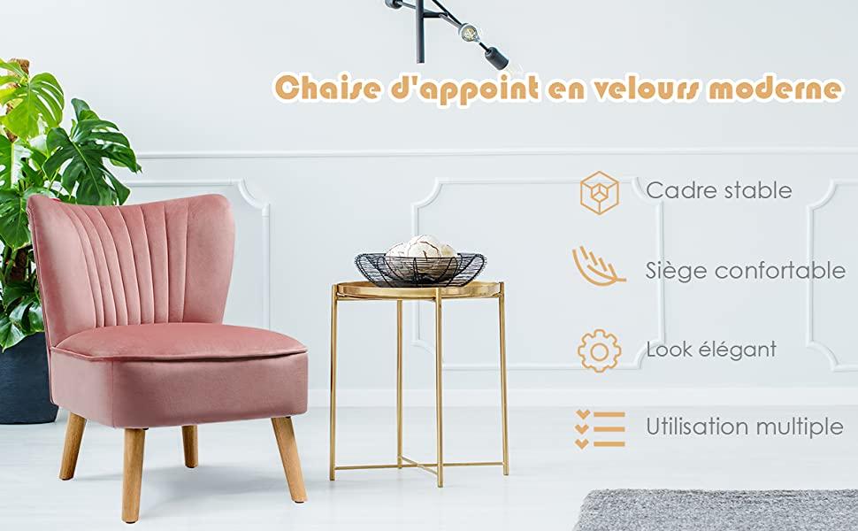  Fauteuil dAppoint en Velours Siege Capitonne Epais Dossier a Ailettes Pieds en Bois dHevea de Style Scandinaves Rose