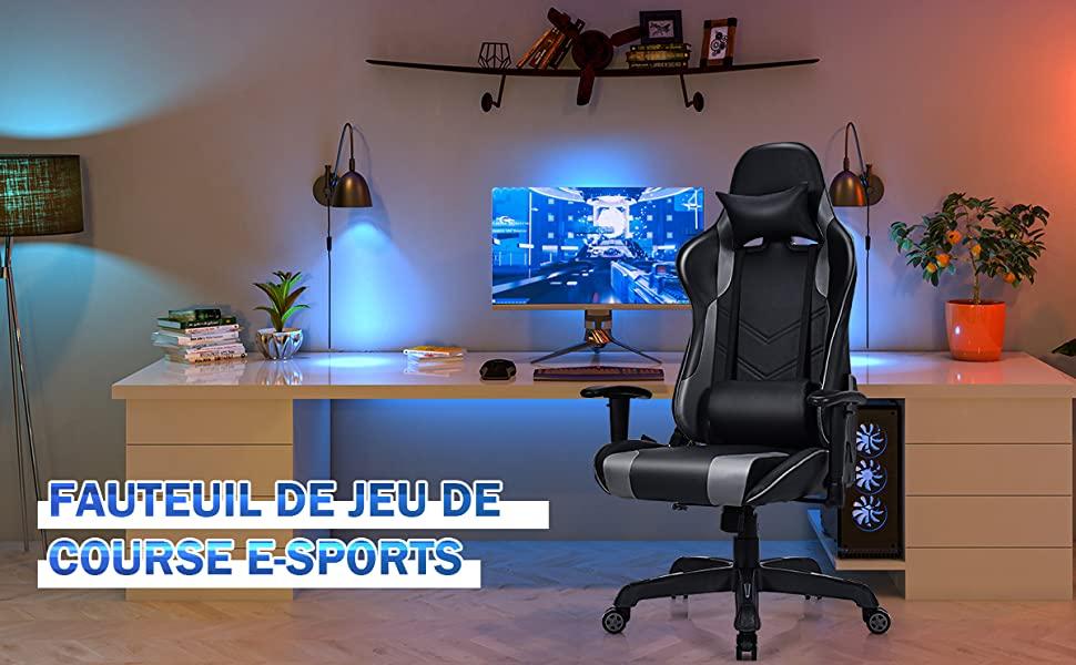 Fauteuil de Bureau Gaming Pivotant avec Apui-tete Support Lombaire Dossier Inclinable Chaise de Gamer Noir et Gris