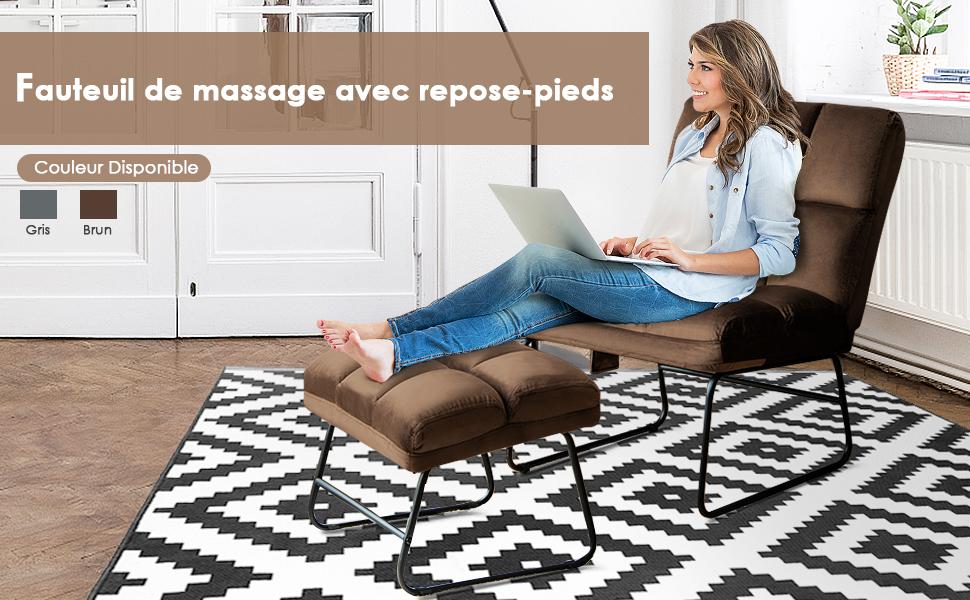 Fauteuil Relax 5 Modes de Massage en 4 Points sur Dos et Lombaire 2 Niveaux de Vibration en Velours  Marron