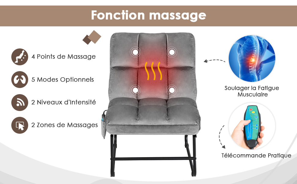  Fauteuil Relax 5 Modes de Massage en 4 Points sur Dos et Lombaire 2 Niveaux de Vibration en Velours Gris