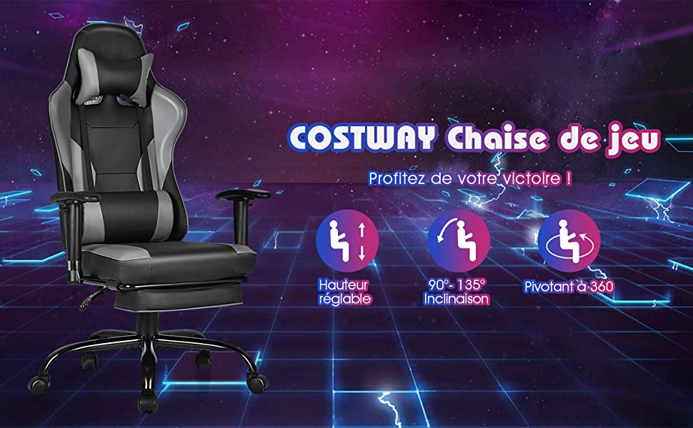 Fauteuil de Bureau Gaming Inclinable avec Repose-Pieds Telescopique Hauteur Reglable avec Appui-tete Support Lombaire Noir
