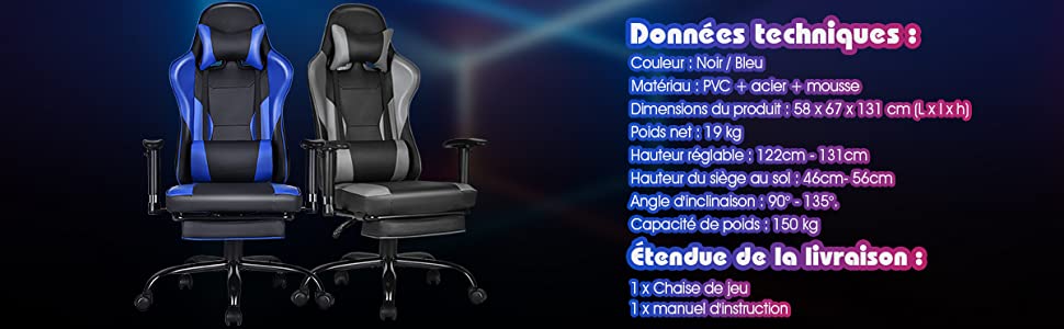 Fauteuil de Bureau Gaming Inclinable avec Repose-Pieds Telescopique Hauteur Reglable avec Appui-tete Support Lombaire Bleu
