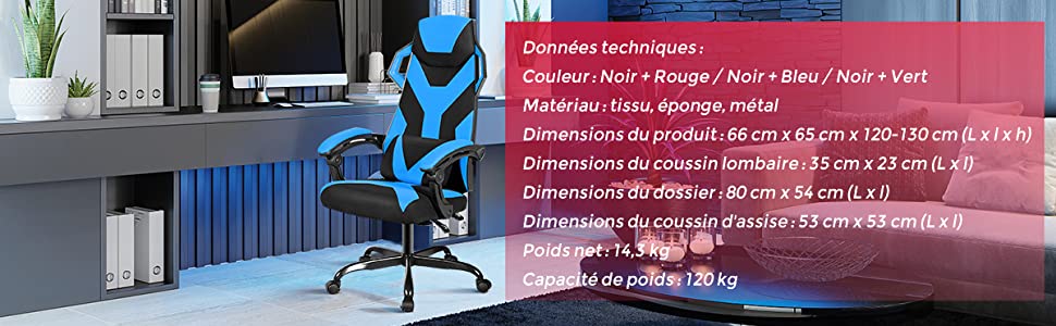 Chaise de Bureau Gaming Reglable et Inclinable à Dossier Haut avec Renfort Lombaire et Accoudoirs Rembourres Charge Max 120KG Bleu