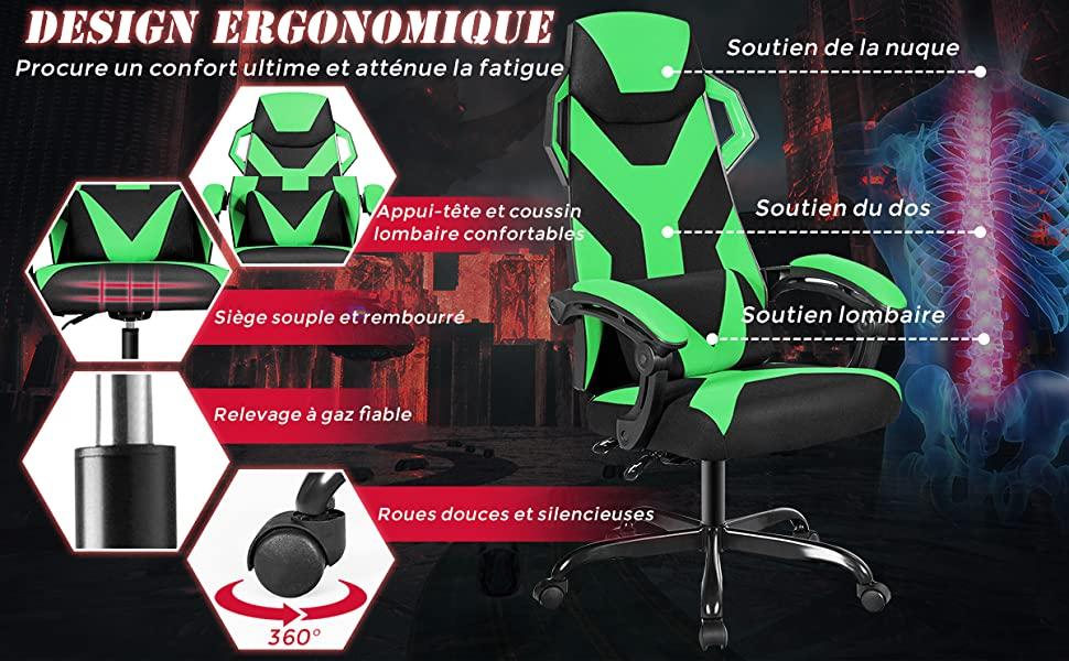 Chaise de Bureau Gaming Reglable et Inclinable a Dossier Haut avec Renfort Lombaire et Accoudoirs Rembourres Charge Max 120KG Vert