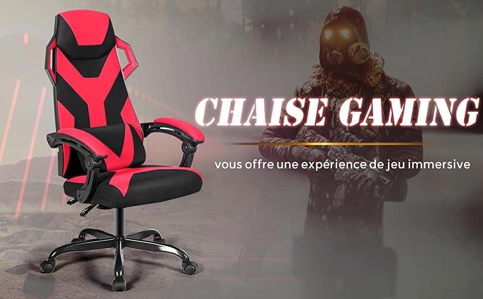 Chaise de Bureau Gaming Reglable et Inclinable a Dossier Haut avec Renfort Lombaire et Accoudoirs Rembourrés Charge Max 120KG Rouge