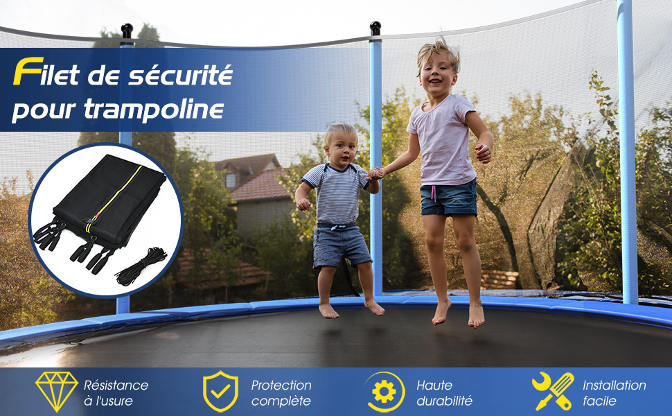 Filet de Securite pour Trampoline 457 cm avec 6 Poteaux Fermeture Eclair Double et Boucles de Protection Interieur/Exterieur