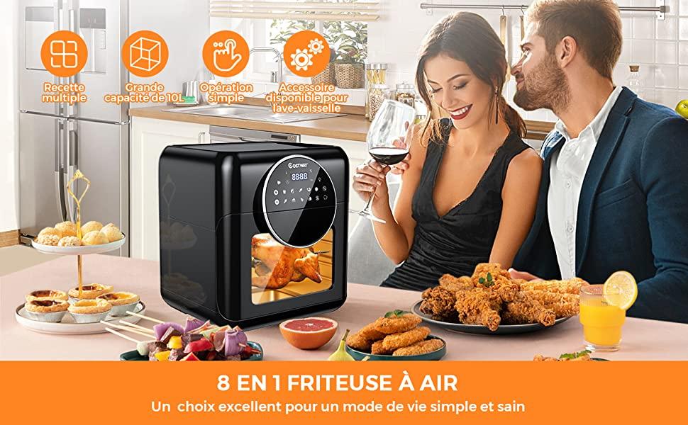 Friteuse sans Huile 10L Friteuse à Air Chaud 1400W avec Ecran pour Faire Frire Rotir 6 Accessoires Inclus Noir