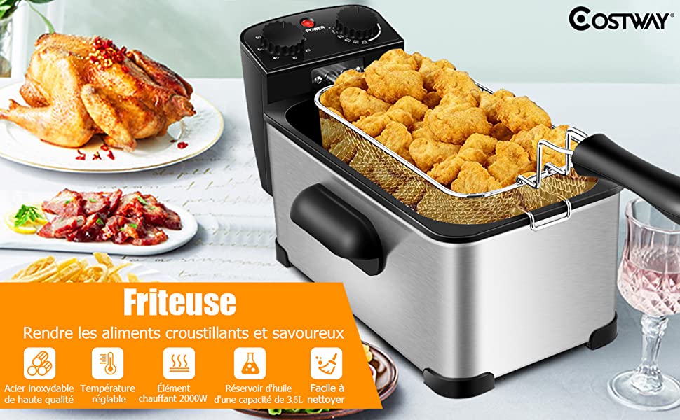 Friteuse Electrique en Acier Inoxydable 3,5L 2000W Couvercle a Hublot Temperature et Minuterie Reglable