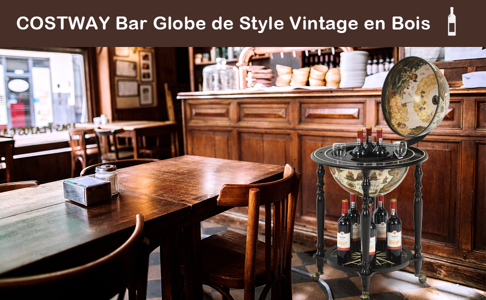 Bar Globe Cartographie Marine du XVIe Siecle avec 4 Roulettes et Style Retro pour Salon Bar Cave a Vin Blanc Creme