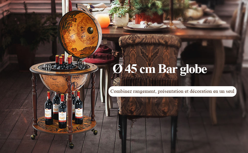 Bar Globe Cartographie Marine du XVIe Siecle avec 4 Roulettes et Style Retro pour Salon Bar Cave a Vin Marron