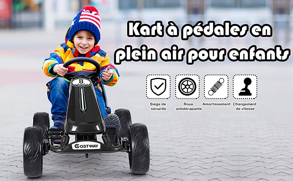  Go Kart a Pedales Formule 1 Racing Embrayage avec Frein Roues en Caoutchouc EVA pour Enfants pour 3-8 ans Noir