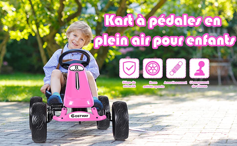 Go Kart a Pedales Formule 1 Racing Embrayage avec Frein Roues en Caoutchouc EVA pour Enfants pour 3-8 ans Rose