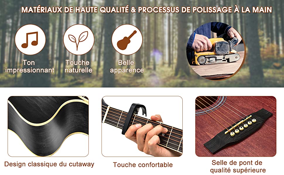 Guitare Acoustique 104 cm avec Sac Sangle Accordeur Electronique Capo  Médiators 6 Cordes Supplémentaires pour Débutants Noir - Costway