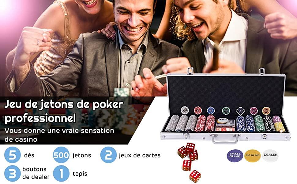 Mallette de Poker 500 Jetons 2 Jeux de Cartes 1 Tapis en Feutre Coffret Professionnelle Etui en Aluminium Argente