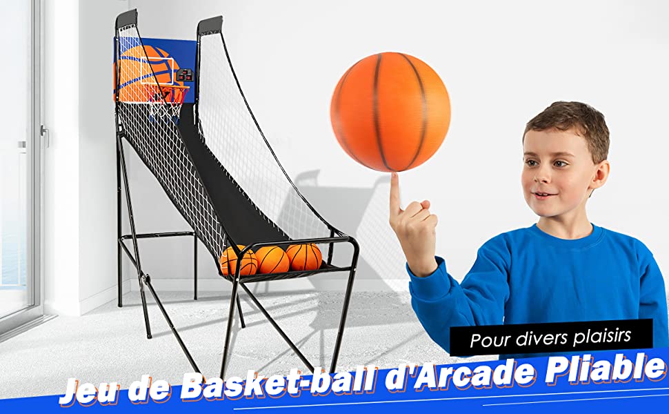 Jeu de Basketball Arcade Pliable pour Enfants avec Marqueur Electronique Buzzer 3 Ballons Pompe Diametre du Panier 32 cm