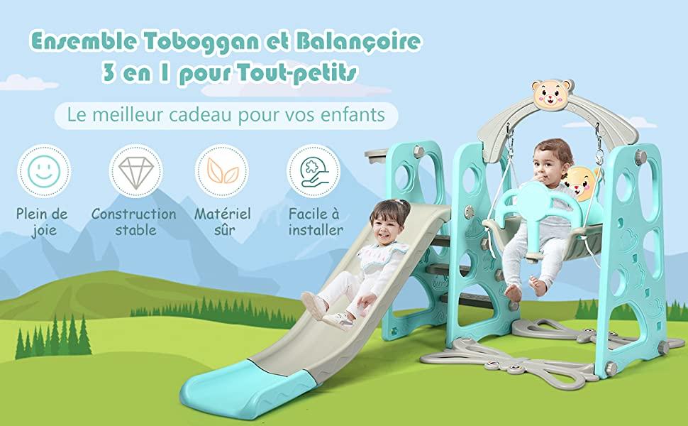  Aire de Jeux 3 en1 avec Toboggan Portique Balançoire Panier de Basketball Escalade
