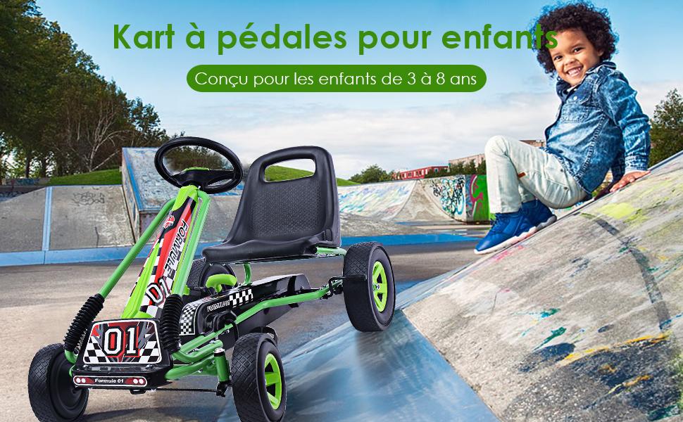 Kart a Pedales pour Enfant et Vehicule dEnfants a lExtérieur Jouet avec Siege Ajustable 4 Roules Vert