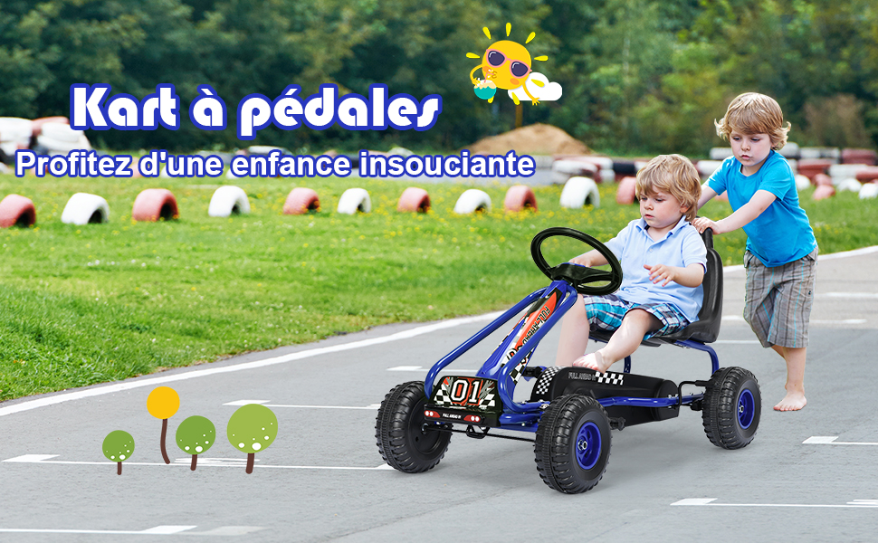 Kart a Pedales Velo et Vehicule pour Enfants Siege Reglable avec Frein a Main 3-6Ans Bleu