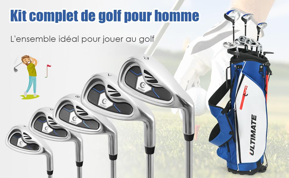 Ensemble de Clubs de Golf 9 Pieces pour Debutant avec Sac Trepied Conception Ergonomiqu en Metal Robuste