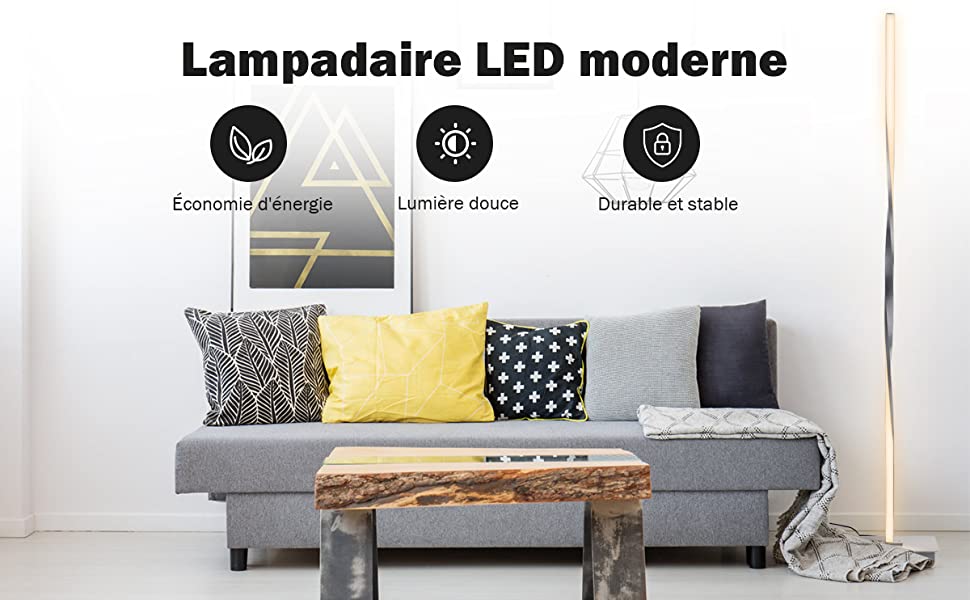  Lampadaire Salon Dimmable LED 122CM Moderne Creative en Spirale avec Interrupteur au Pied 20W Argente