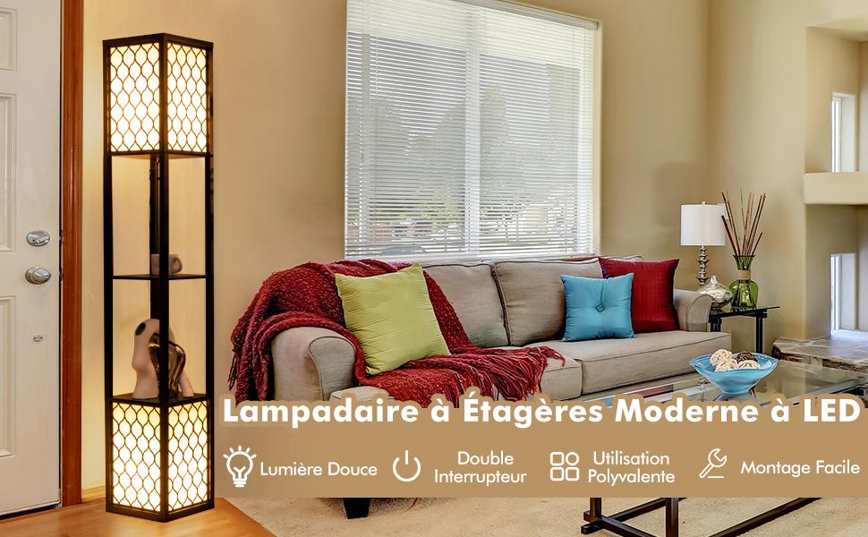 Lampadaire avec Etageres, Lampadaire Modernes avec 2 Tablette de Rangements Base pour Lampe E27 26 x 26 x 156cm