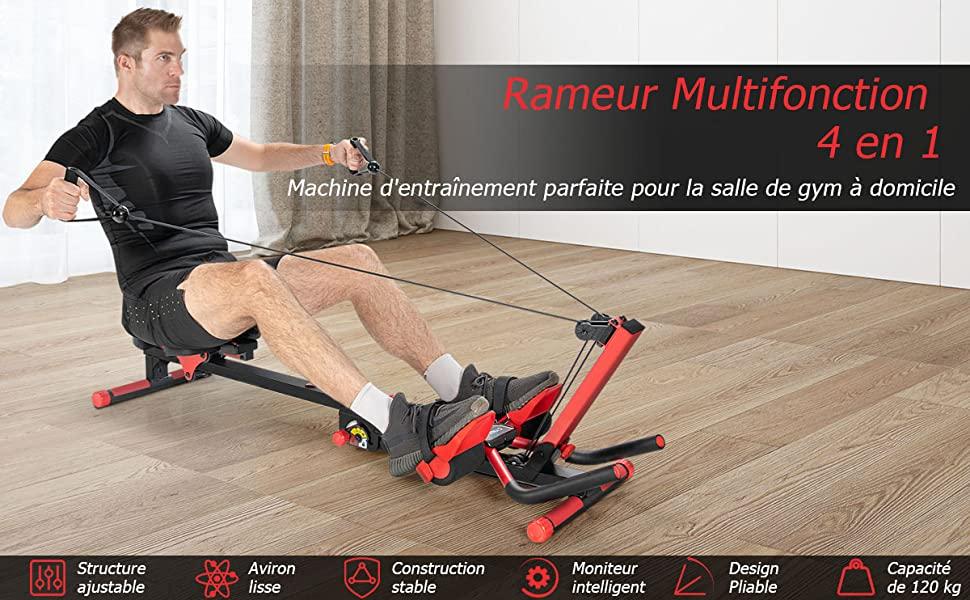 Machine Abdominal Pliable 4-en-1 Rameur Intensité Angles Siege Pedale Reglables Main Courante Extensible Panneau Intelligent