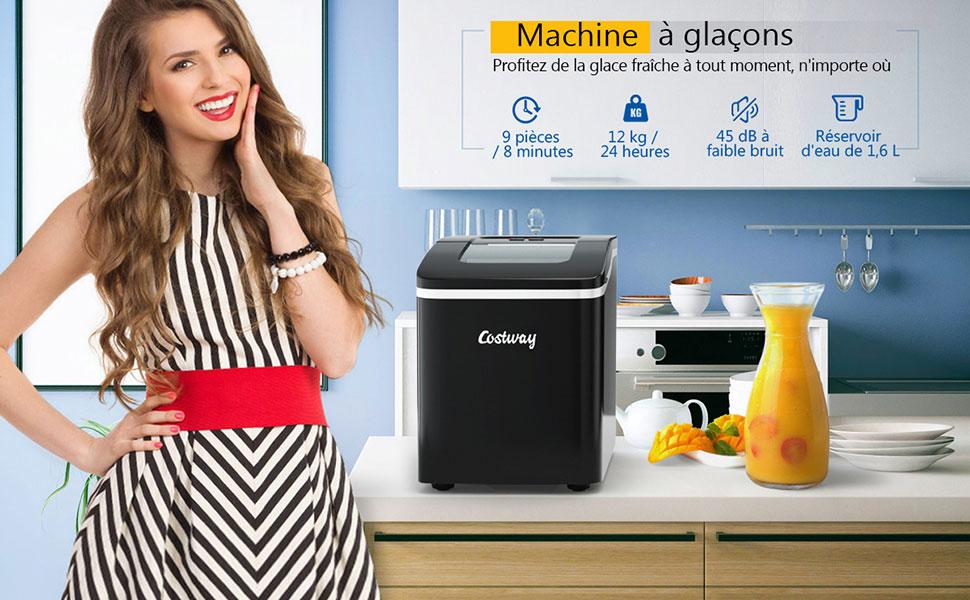  Machine a Glacons 12KG /24H Portable 9 Glacons par 8 Min avec Reservoir 1,6L Auto-Nettoyage Affichage-LCD 120W Noir