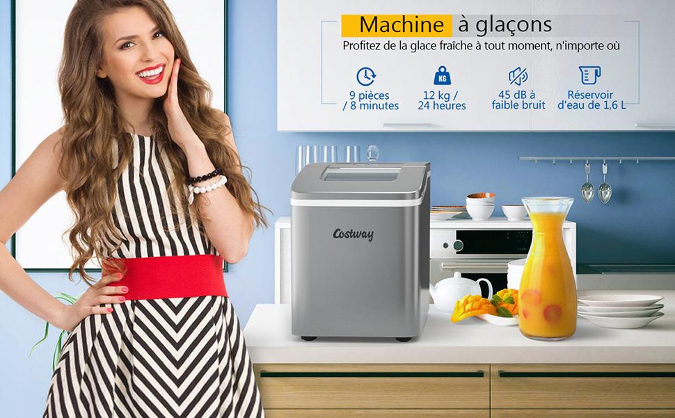 Machine a Glacons 12KG /24H Portable 9 Glacons par 8 Min avec Reservoir 1,6L Auto-Nettoyage Affichage-LCD 120W Argente