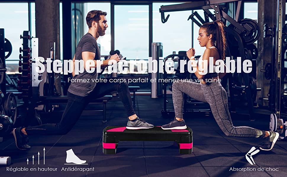 Stepper dAerobic Hauteur Reglable 3 Niveaux 10/15/20CM Surface Antiderapant Charge 250KG