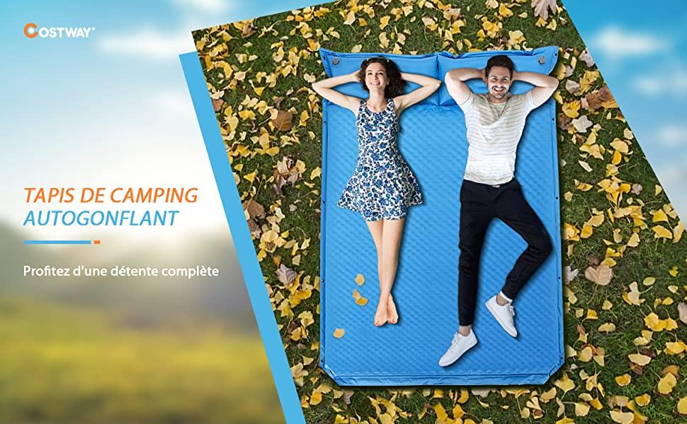 Matelas de Camping Autogonflant 2 Personnes avec 2 Oreillers 187x131x4 CM et Sac Portable en PVC Impermeable pour Randonnees